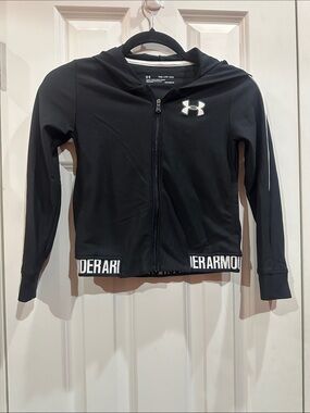 NWOT Under Armour Kids Black Full-Zip Hooded Jacket with White Logo Trim